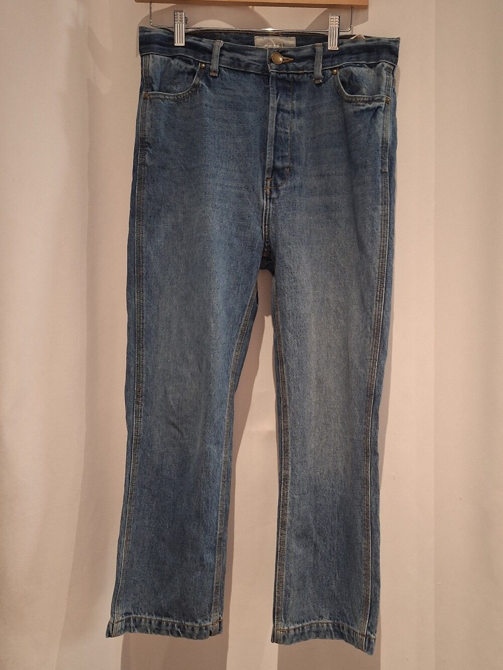 THE GREAT. The Hero Jean Light Blue Denim Jeans with Gold Stitching